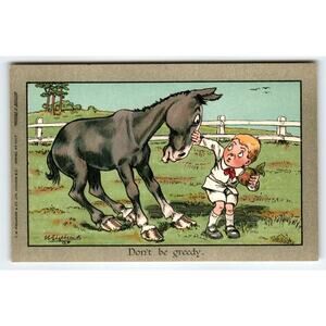 Don't Be Greedy Horse Comic Humor CW Faulkner Artist Signed Shepheard Germany